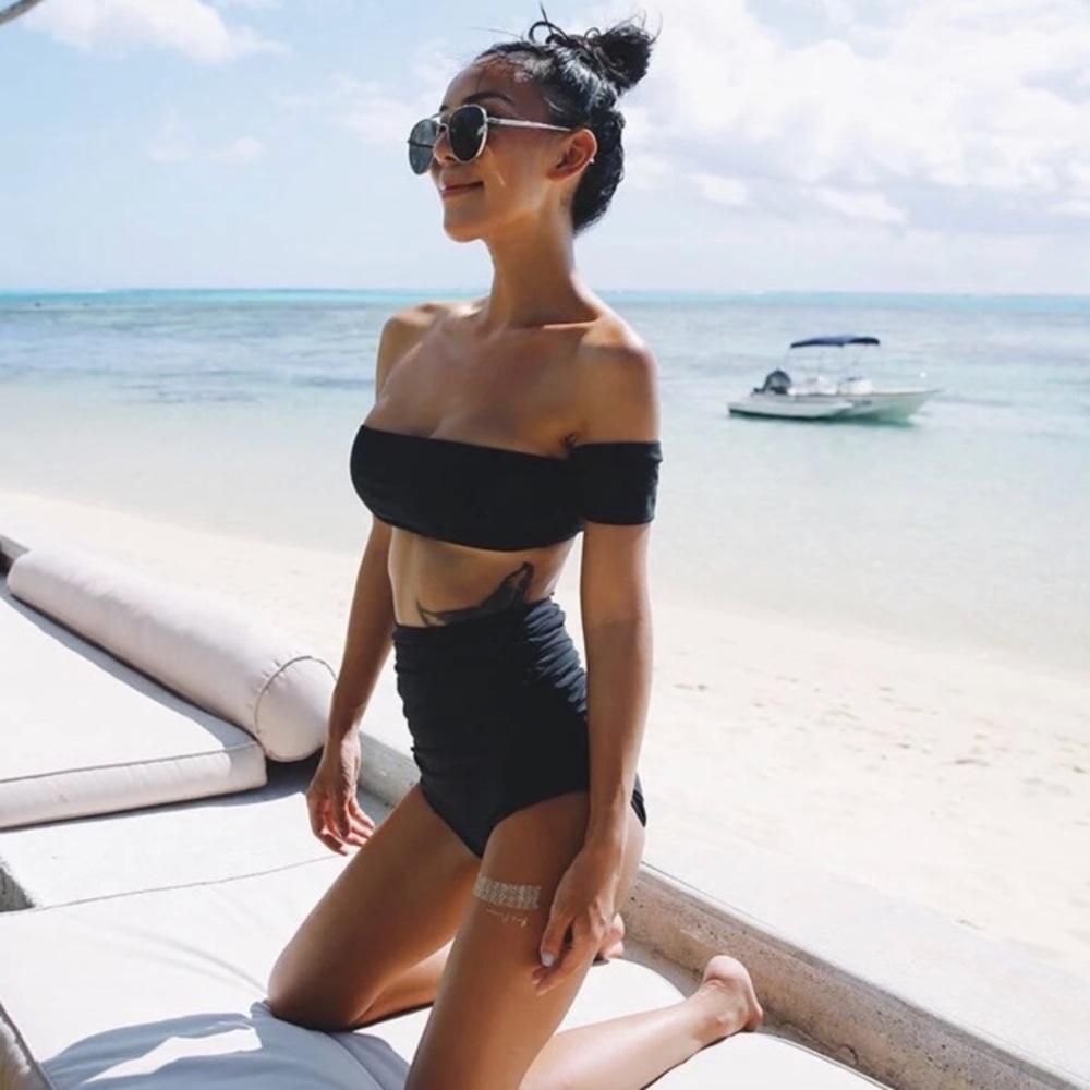 CLEARANCE Black Off Shoulder High Waist Retro Bikini Set - Picture 3 of 5